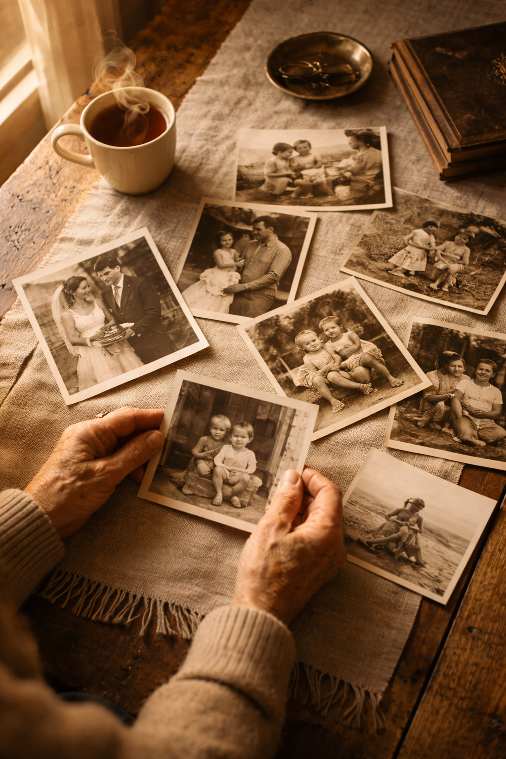 Sepia-toned family photographs spread across a wooden table beside a cup of tea