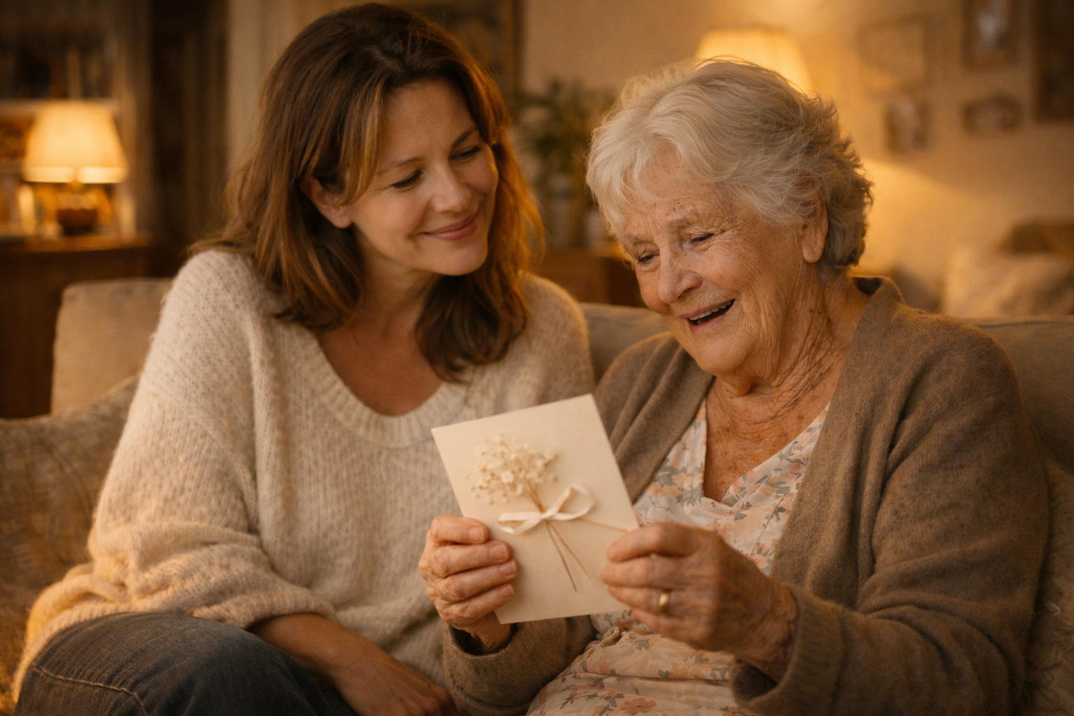 Adult daughter watching her elderly mother unwrap a Lifestoria gift, both smiling with emotion