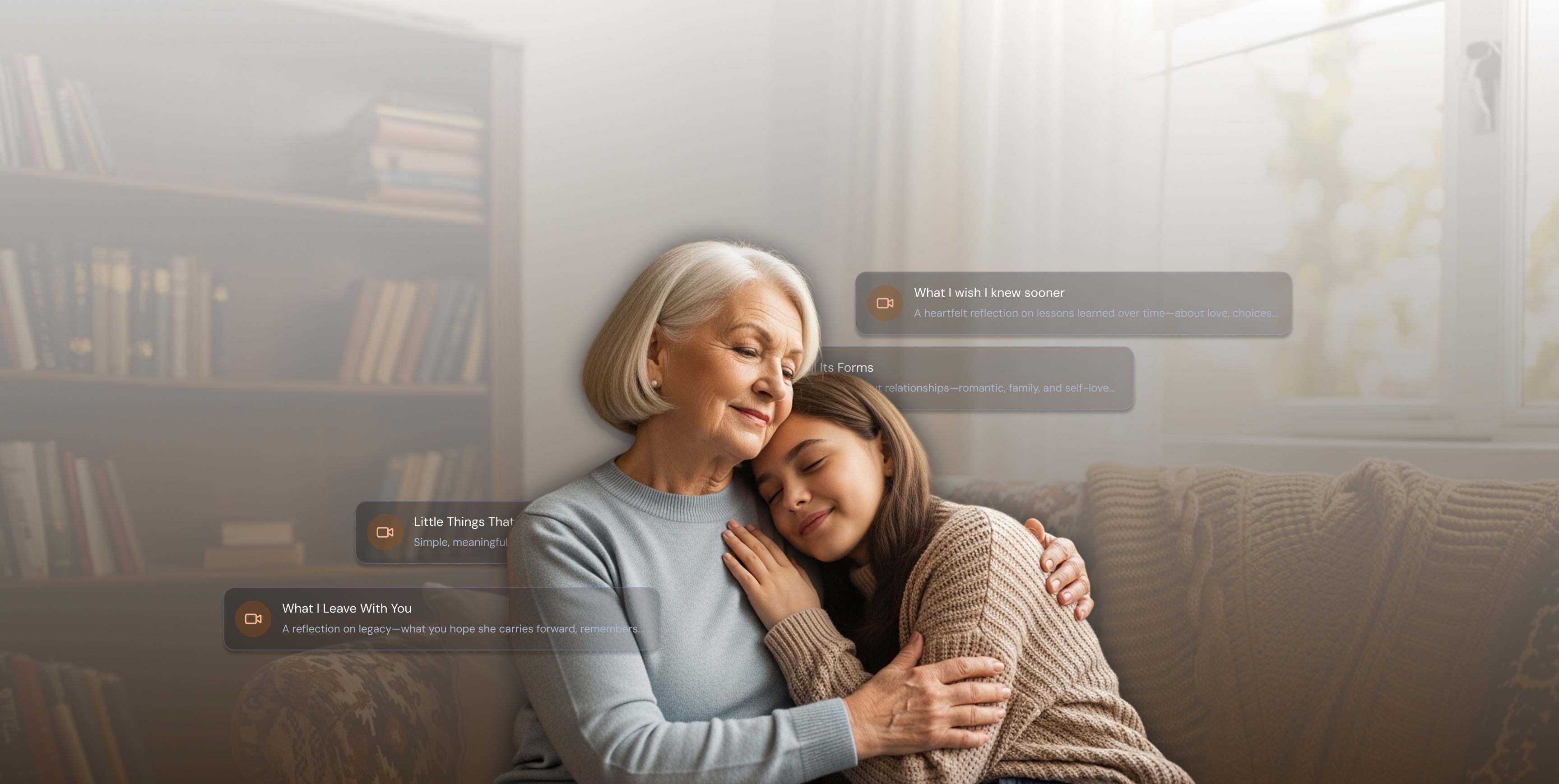 Grandmother and granddaughter embracing, with topic cards overlaid