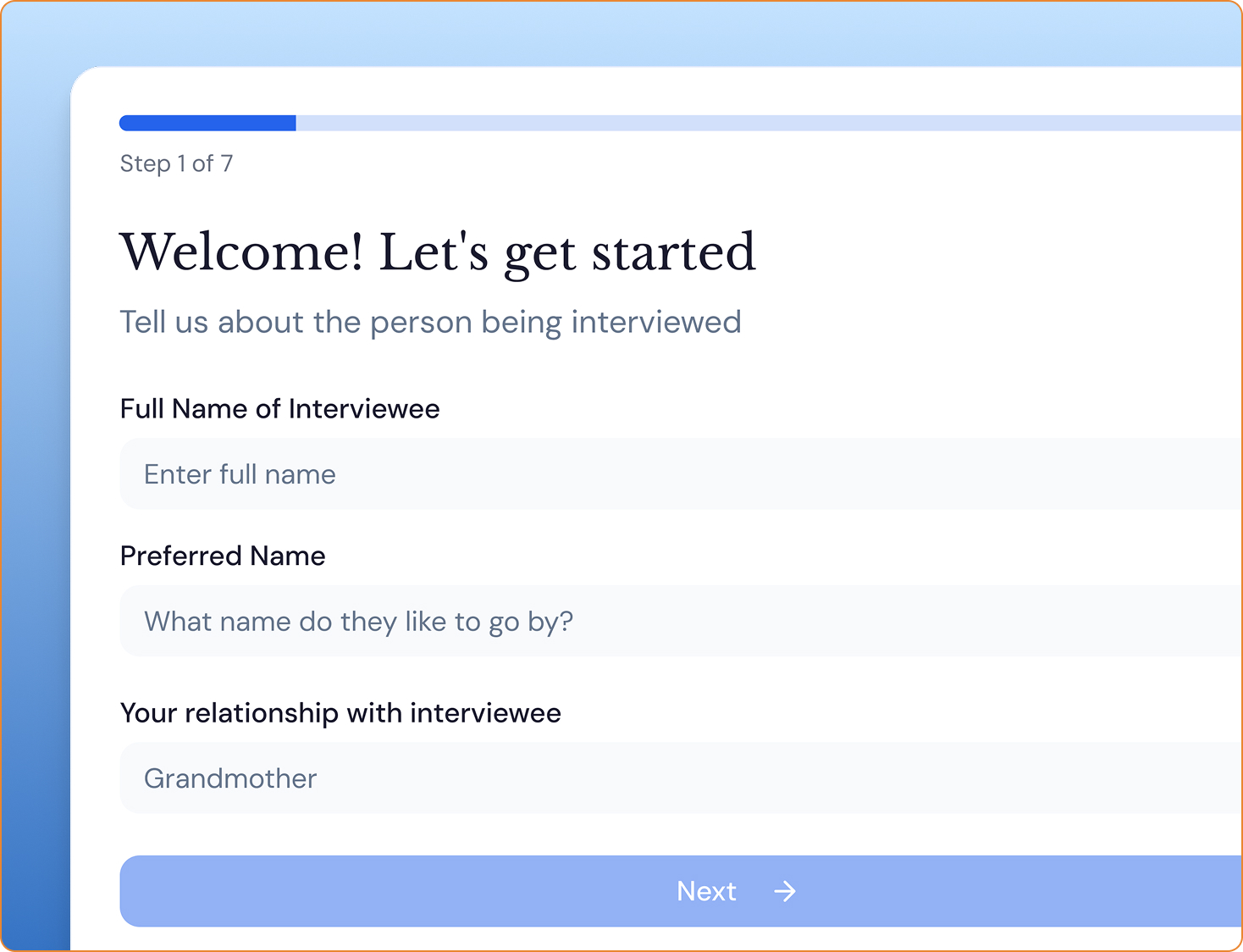 Lifestoria dashboard showing interview setup